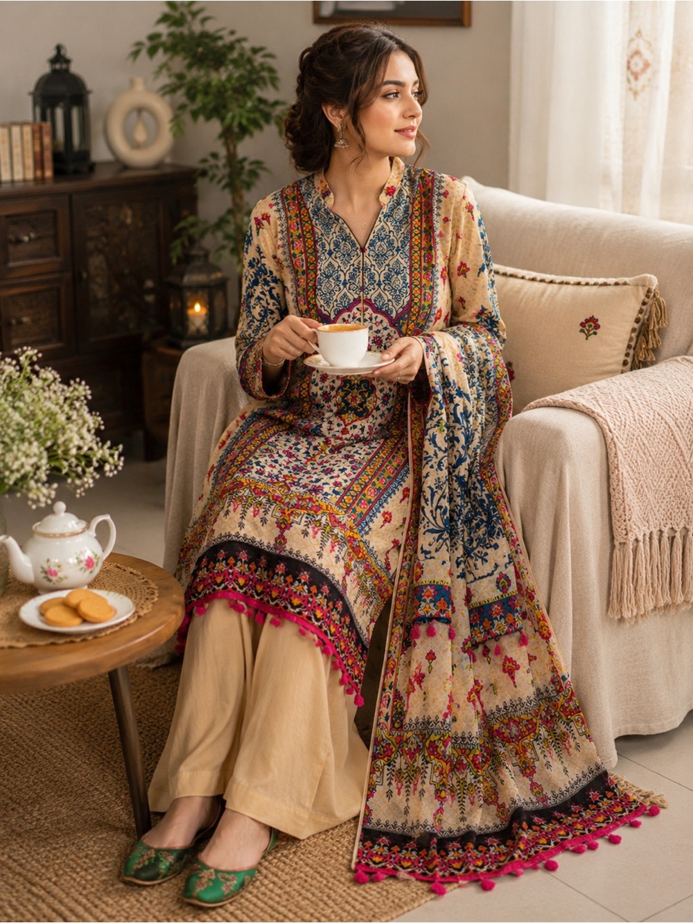 Beige Multicolor Printed Long Sleeve Women's Dress with Scarf